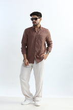 Xkind Brown 100% Pure Linen Mocha Mouse Button Down Casual Shirt | Grocsy