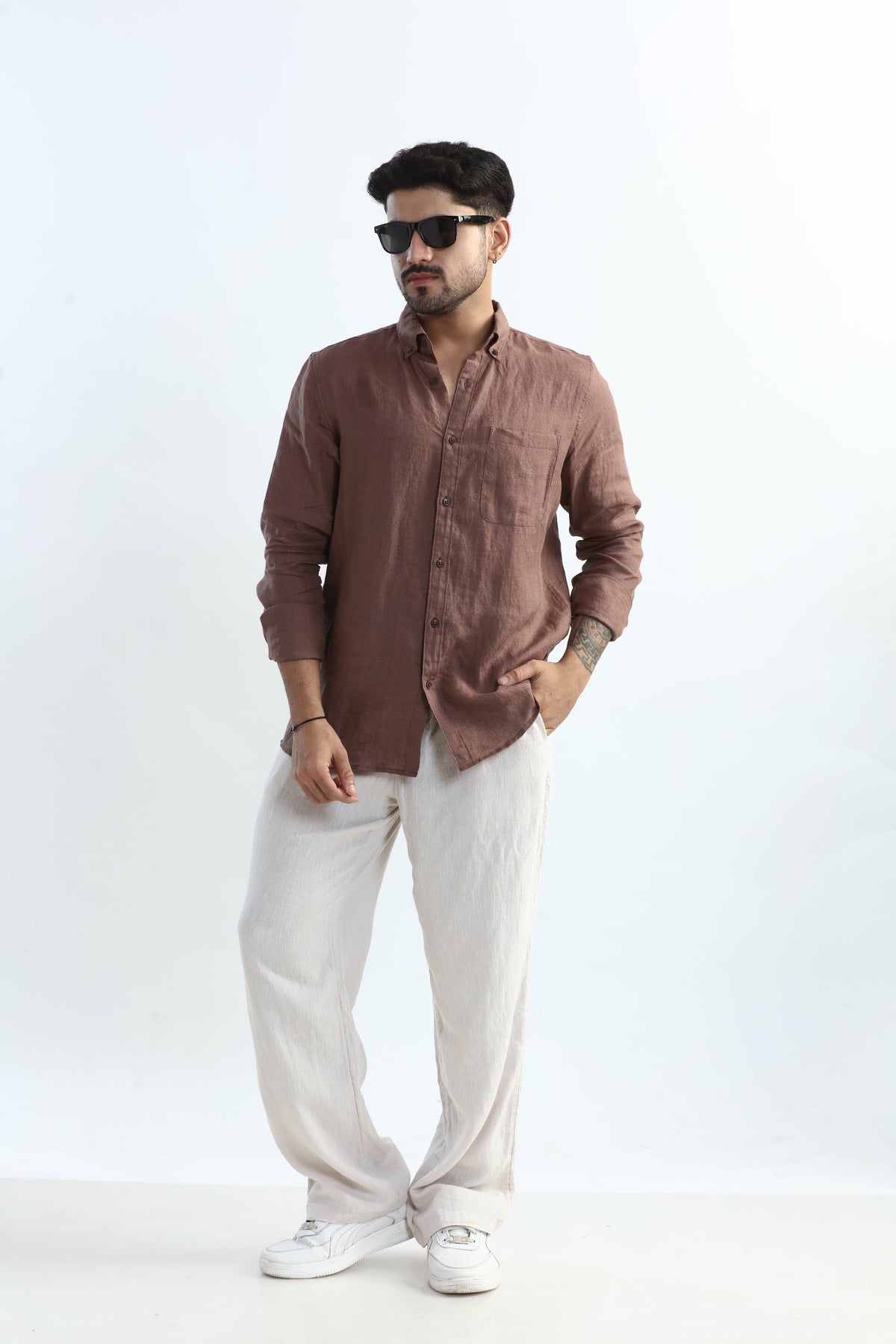 Xkind Brown 100% Pure Linen Mocha Mouse Button Down Casual Shirt | Grocsy