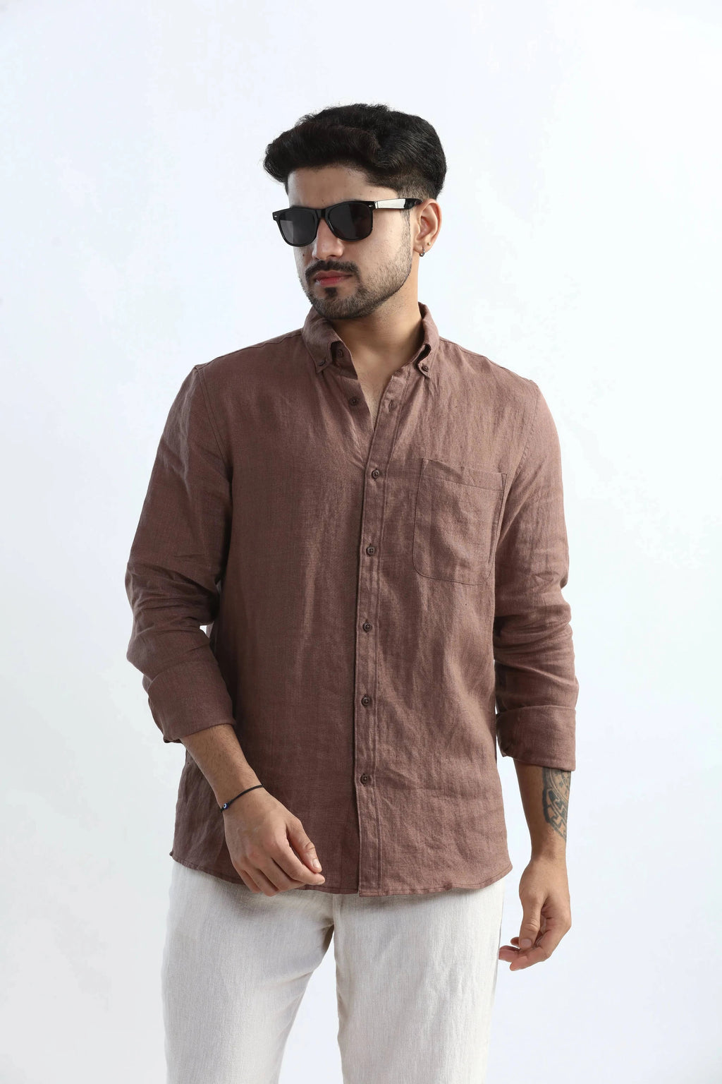 Xkind Brown 100% Pure Linen Mocha Mouse Button Down Casual Shirt | Grocsy