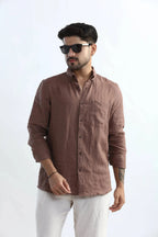 Xkind Brown 100% Pure Linen Mocha Mouse Button Down Casual Shirt | Grocsy