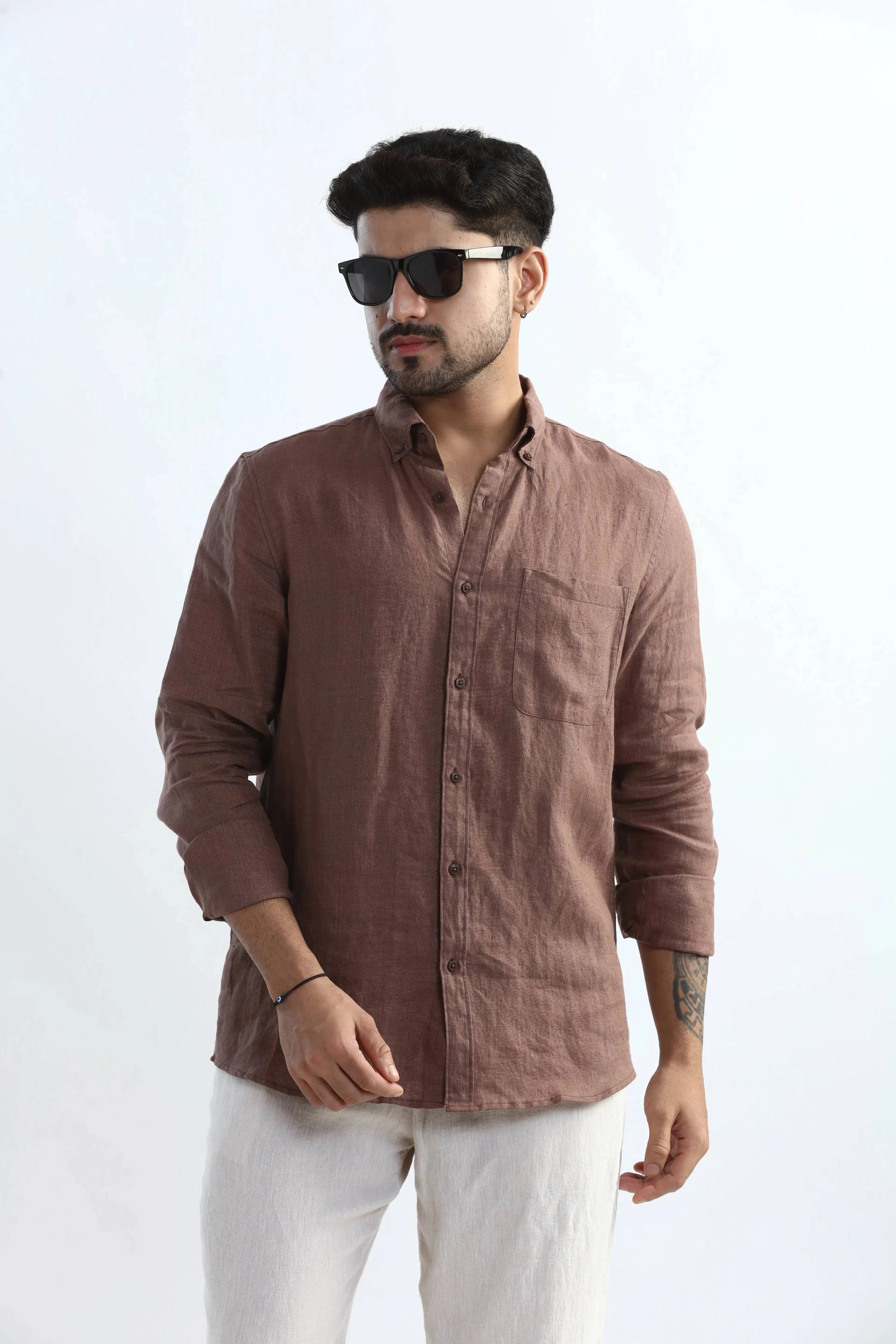 Xkind Brown 100% Pure Linen Mocha Mouse Button Down Casual Shirt | Grocsy