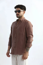 Xkind Brown 100% Pure Linen Mocha Mouse Button Down Casual Shirt | Grocsy