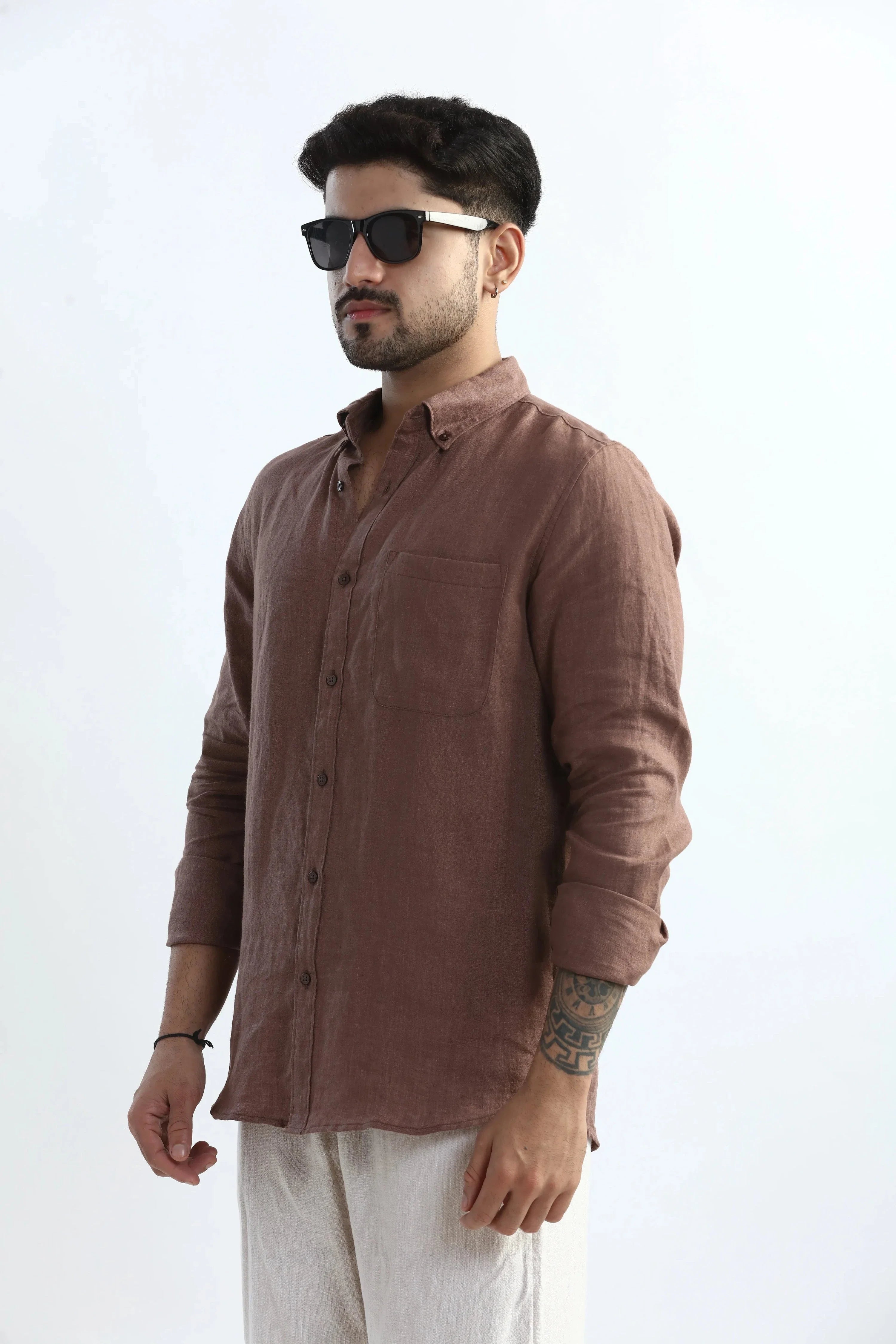 Xkind Brown 100% Pure Linen Mocha Mouse Button Down Casual Shirt | Grocsy