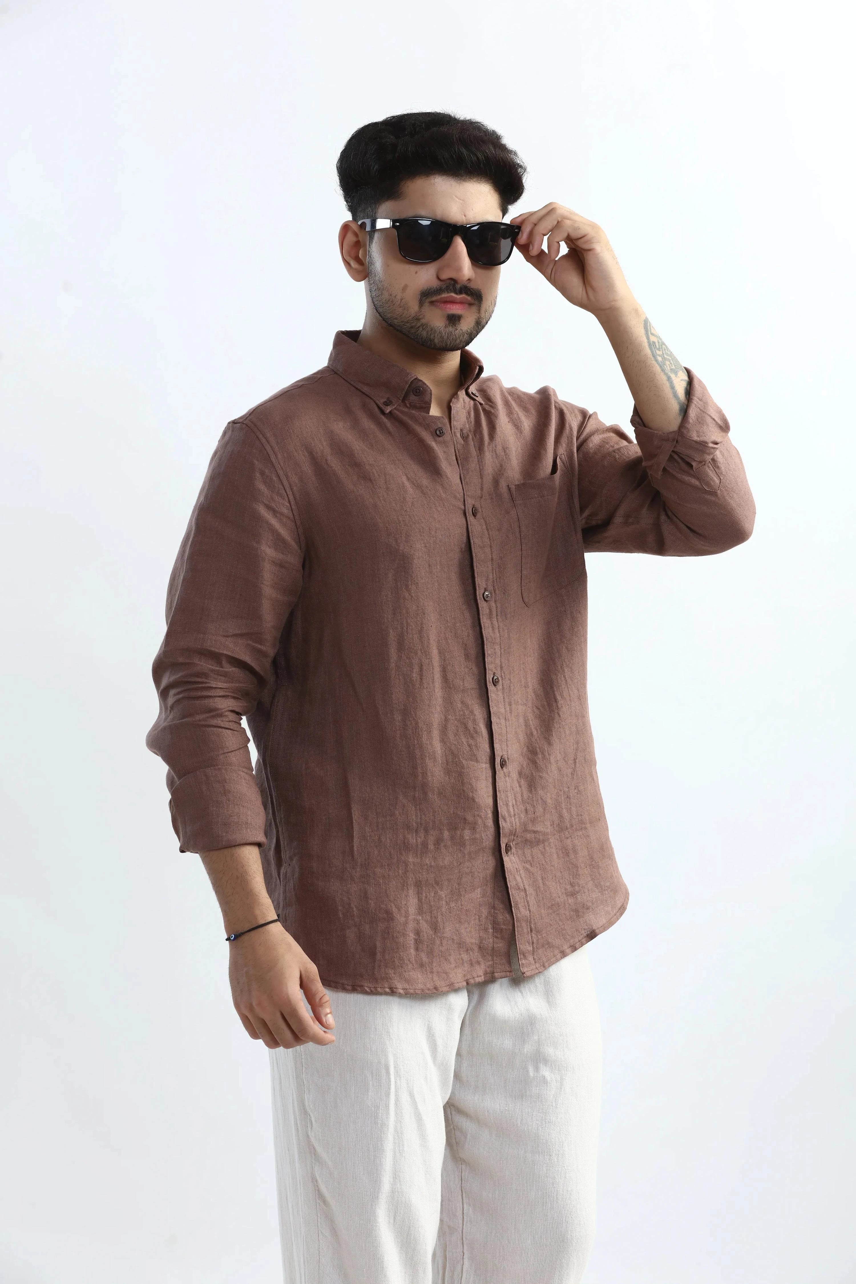 Xkind Brown 100% Pure Linen Mocha Mouse Button Down Casual Shirt | Grocsy