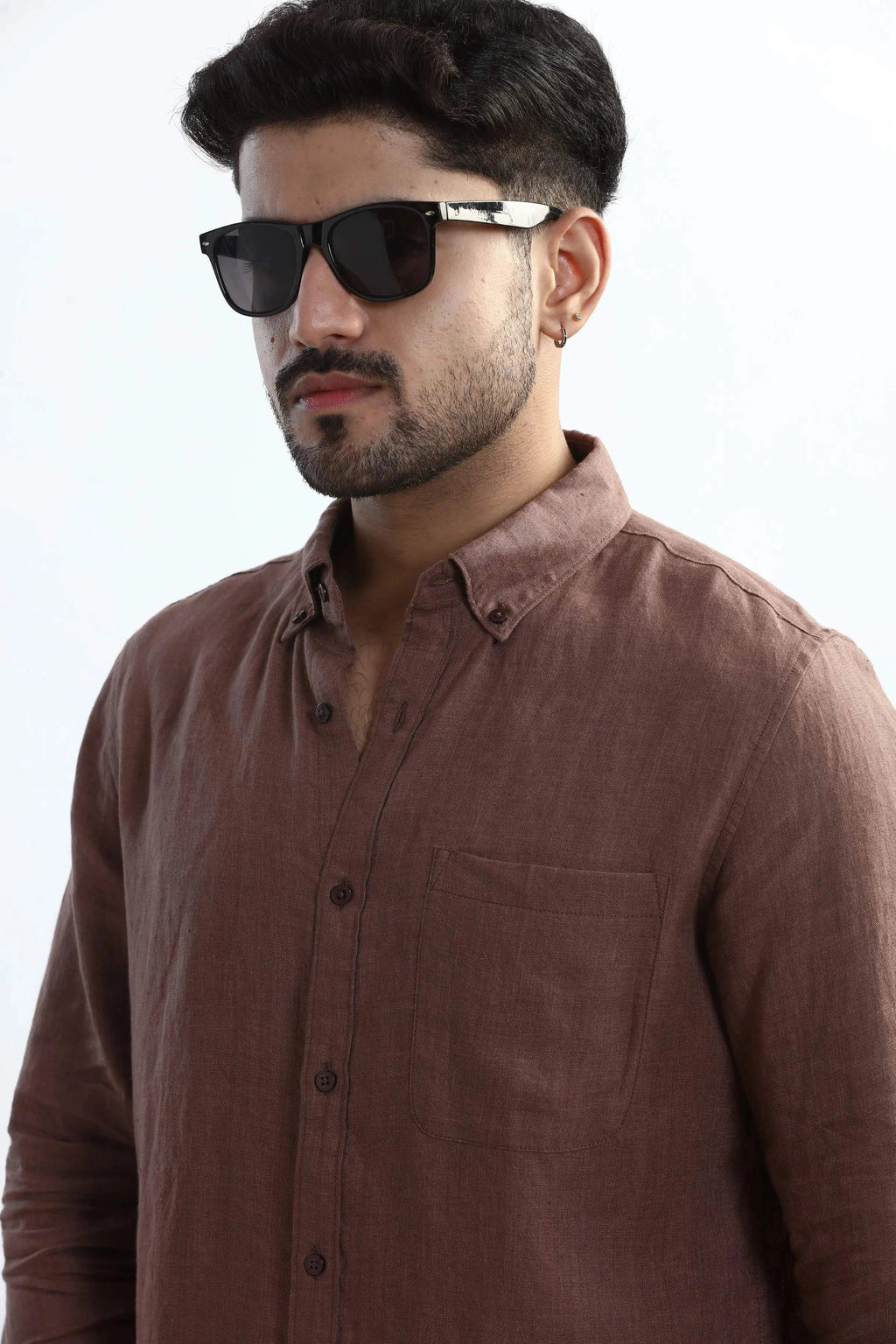 Xkind Brown 100% Pure Linen Mocha Mouse Button Down Casual Shirt | Grocsy