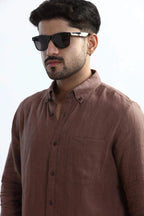 Xkind Brown 100% Pure Linen Mocha Mouse Button Down Casual Shirt | Grocsy