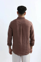 Xkind Brown 100% Pure Linen Mocha Mouse Button Down Casual Shirt | Grocsy