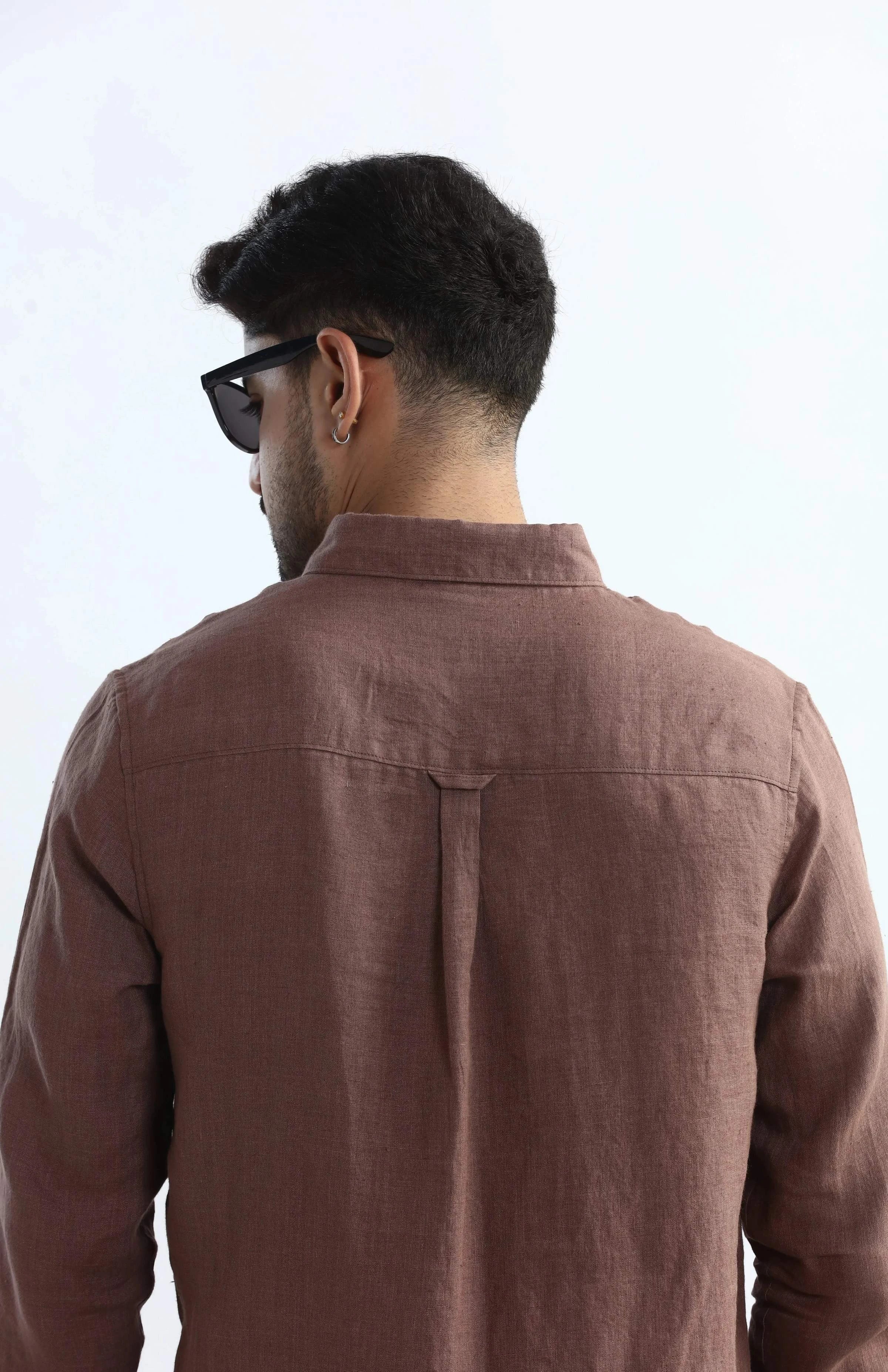 Xkind Brown 100% Pure Linen Mocha Mouse Button Down Casual Shirt | Grocsy