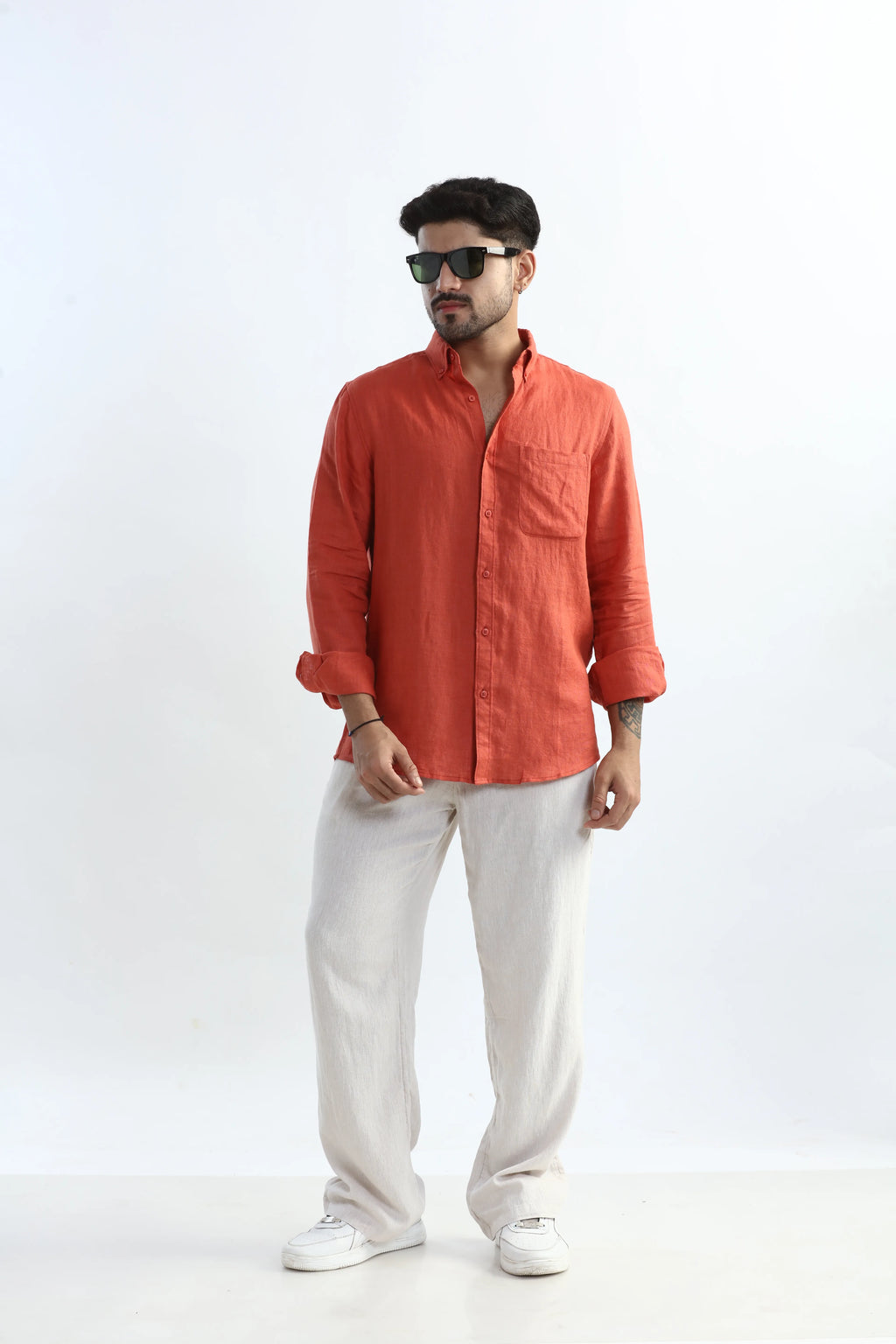 Xkind 100% Pure Linen Rustic Red Button Down Casual Shirt | Grocsy