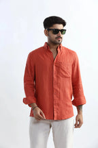 Xkind 100% Pure Linen Rustic Red Button Down Casual Shirt | Grocsy