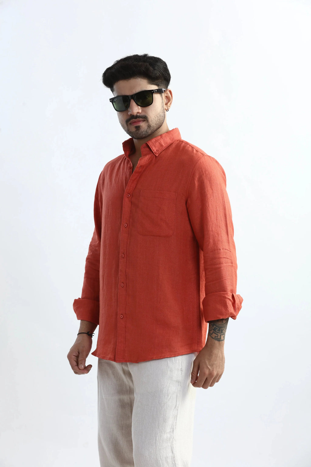 Xkind 100% Pure Linen Rustic Red Button Down Casual Shirt | Grocsy