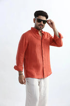Xkind 100% Pure Linen Rustic Red Button Down Casual Shirt | Grocsy