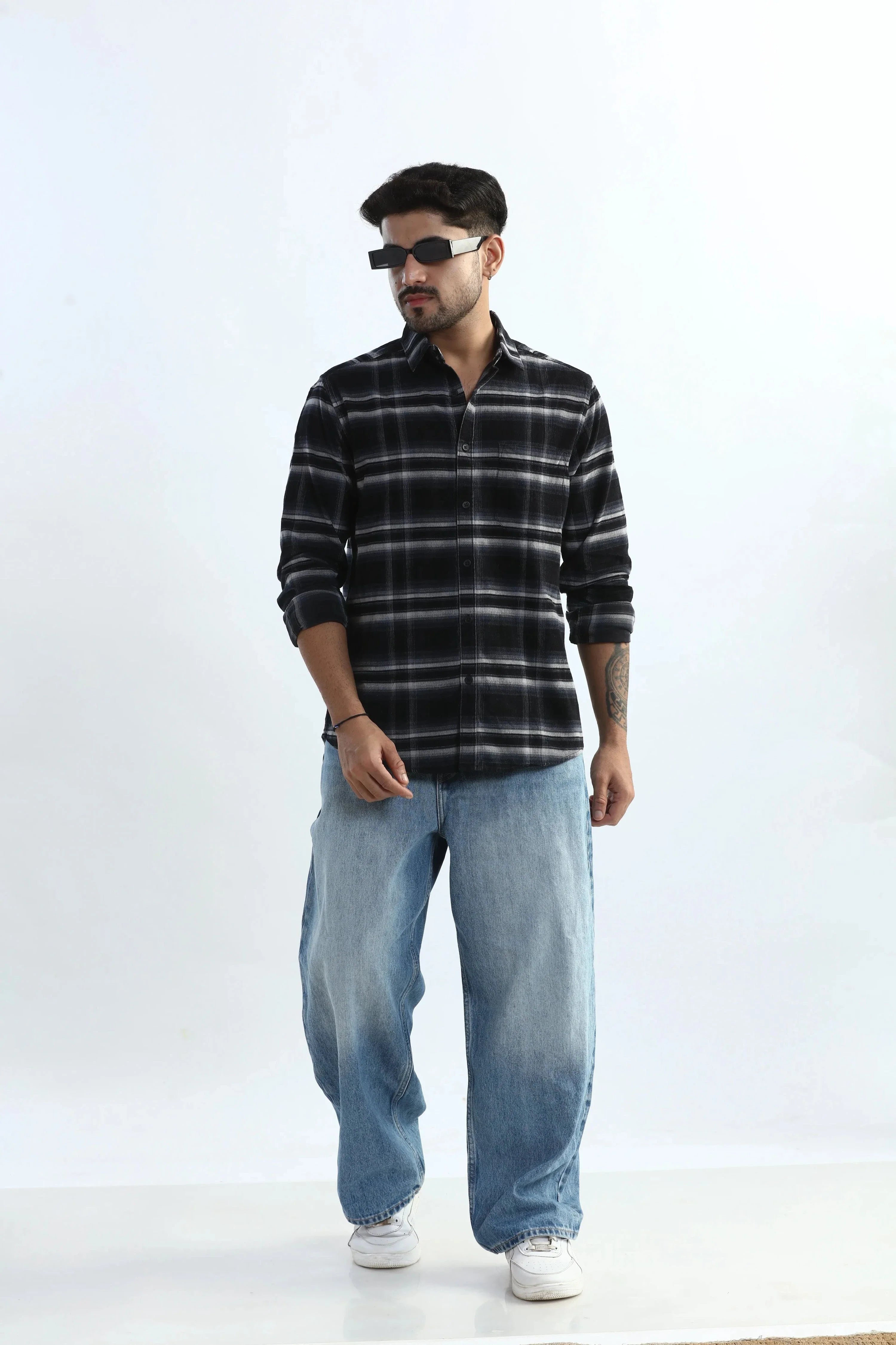 Xkind Black Fine Corduroy Checks Regular Fit Shirt | Grocsy