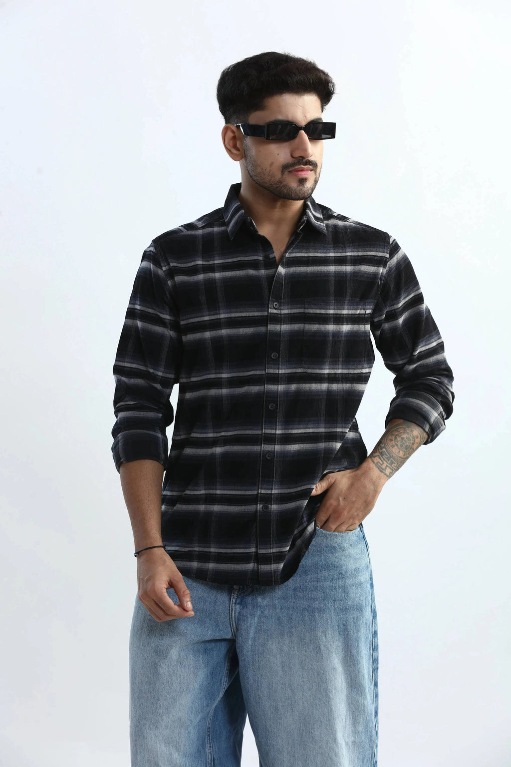Xkind Black Fine Corduroy Checks Regular Fit Shirt | Grocsy