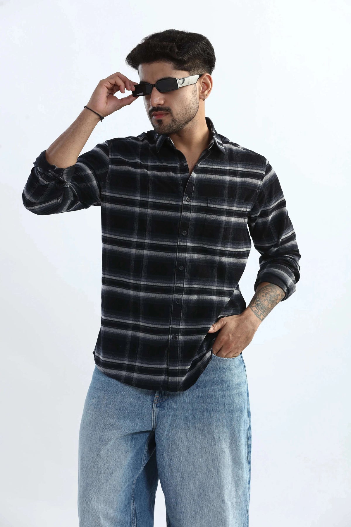 Xkind Black Fine Corduroy Checks Regular Fit Shirt | Grocsy