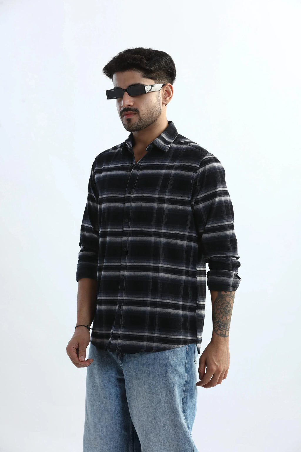 Xkind Black Fine Corduroy Checks Regular Fit Shirt | Grocsy