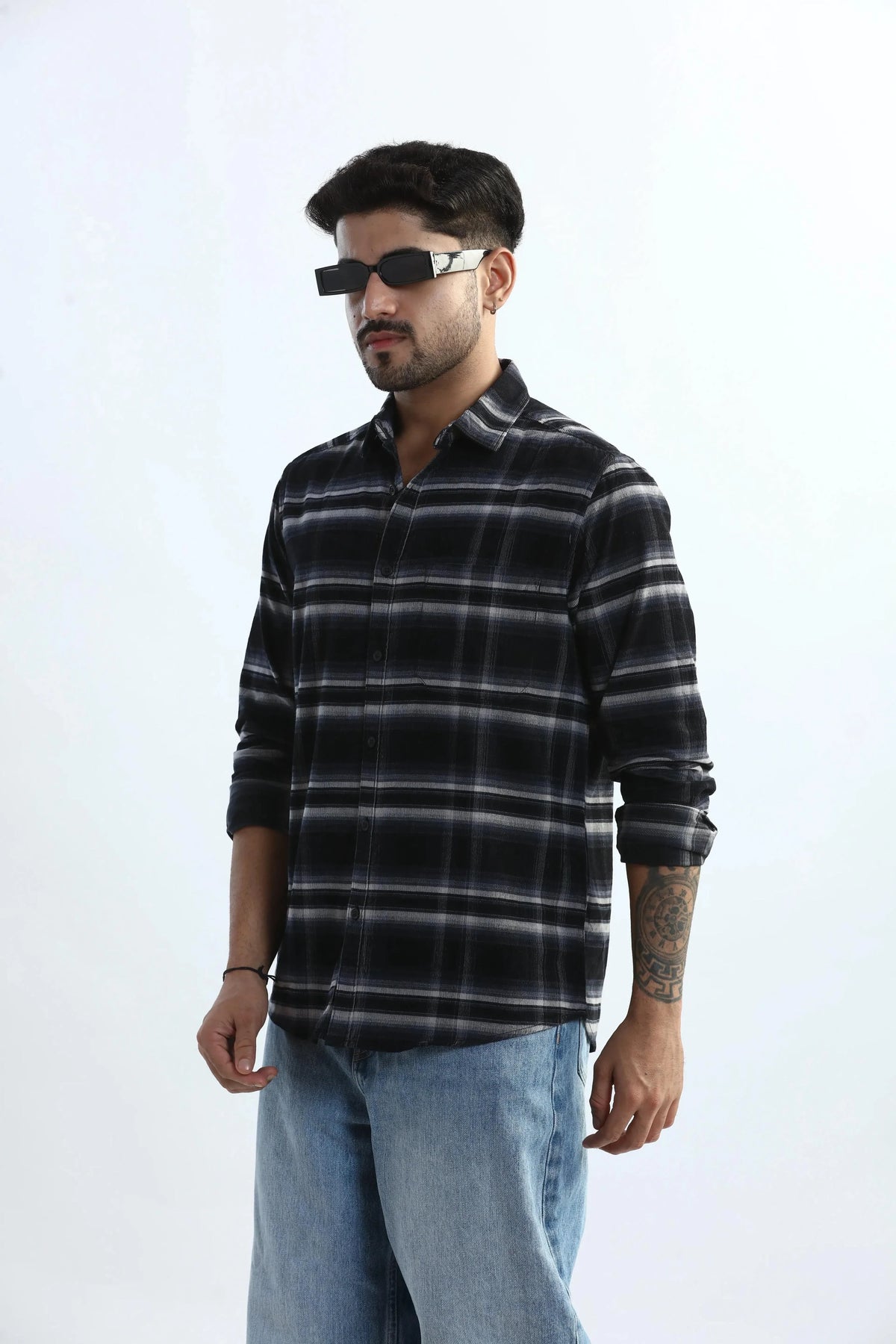 Xkind Black Fine Corduroy Checks Regular Fit Shirt | Grocsy