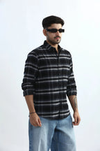 Xkind Black Fine Corduroy Checks Regular Fit Shirt | Grocsy