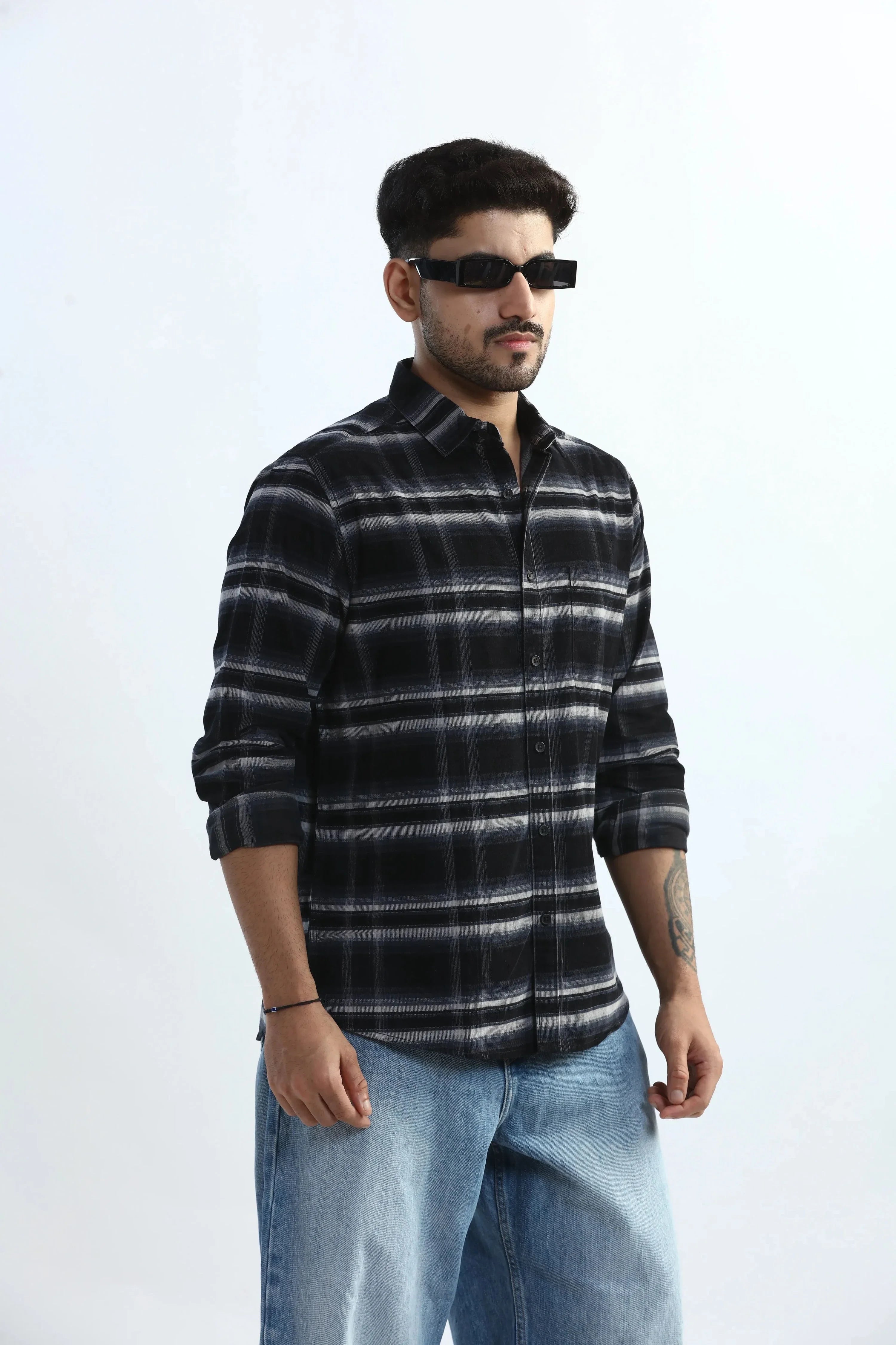 Xkind Black Fine Corduroy Checks Regular Fit Shirt | Grocsy