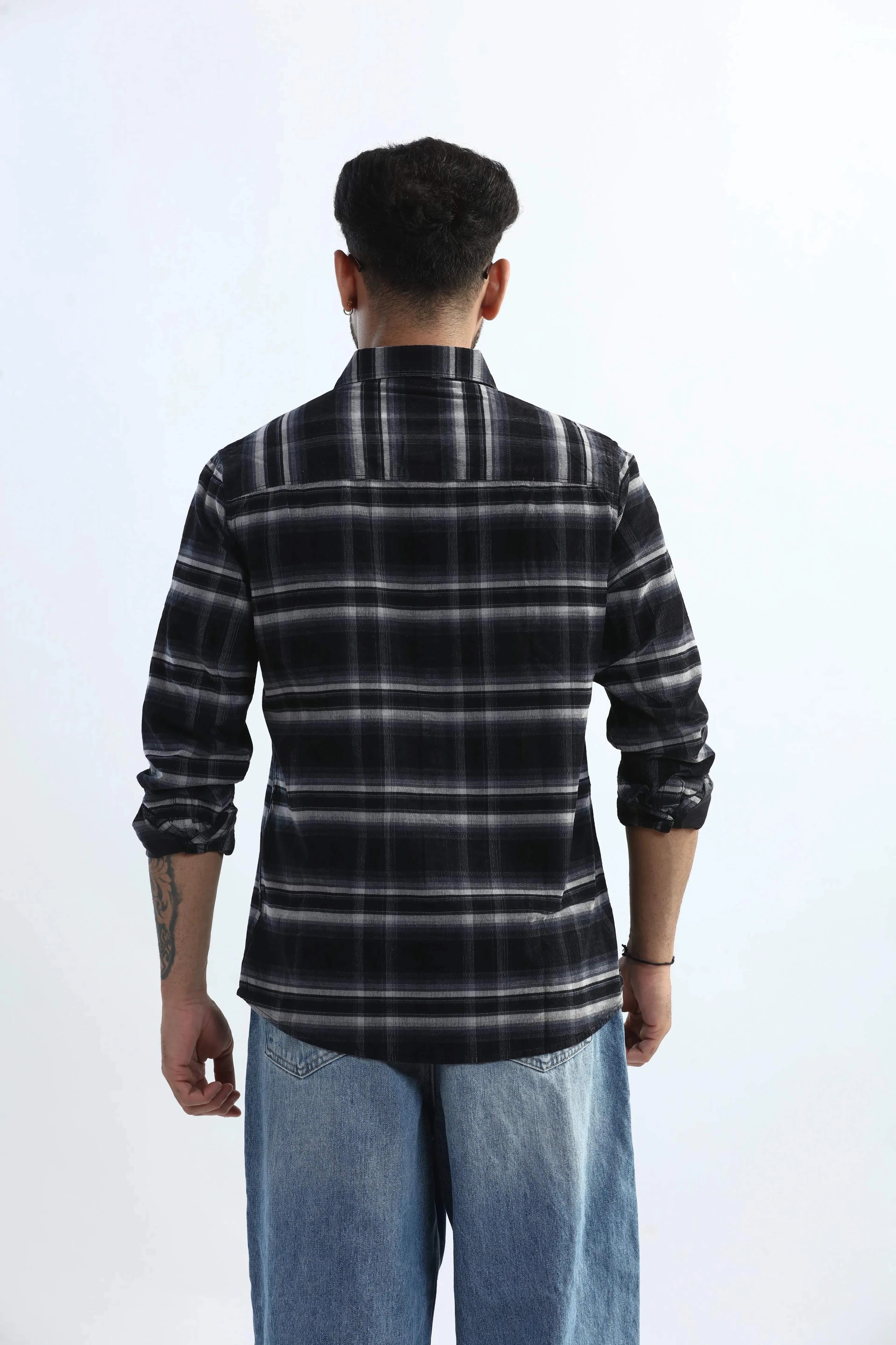 Xkind Black Fine Corduroy Checks Regular Fit Shirt | Grocsy