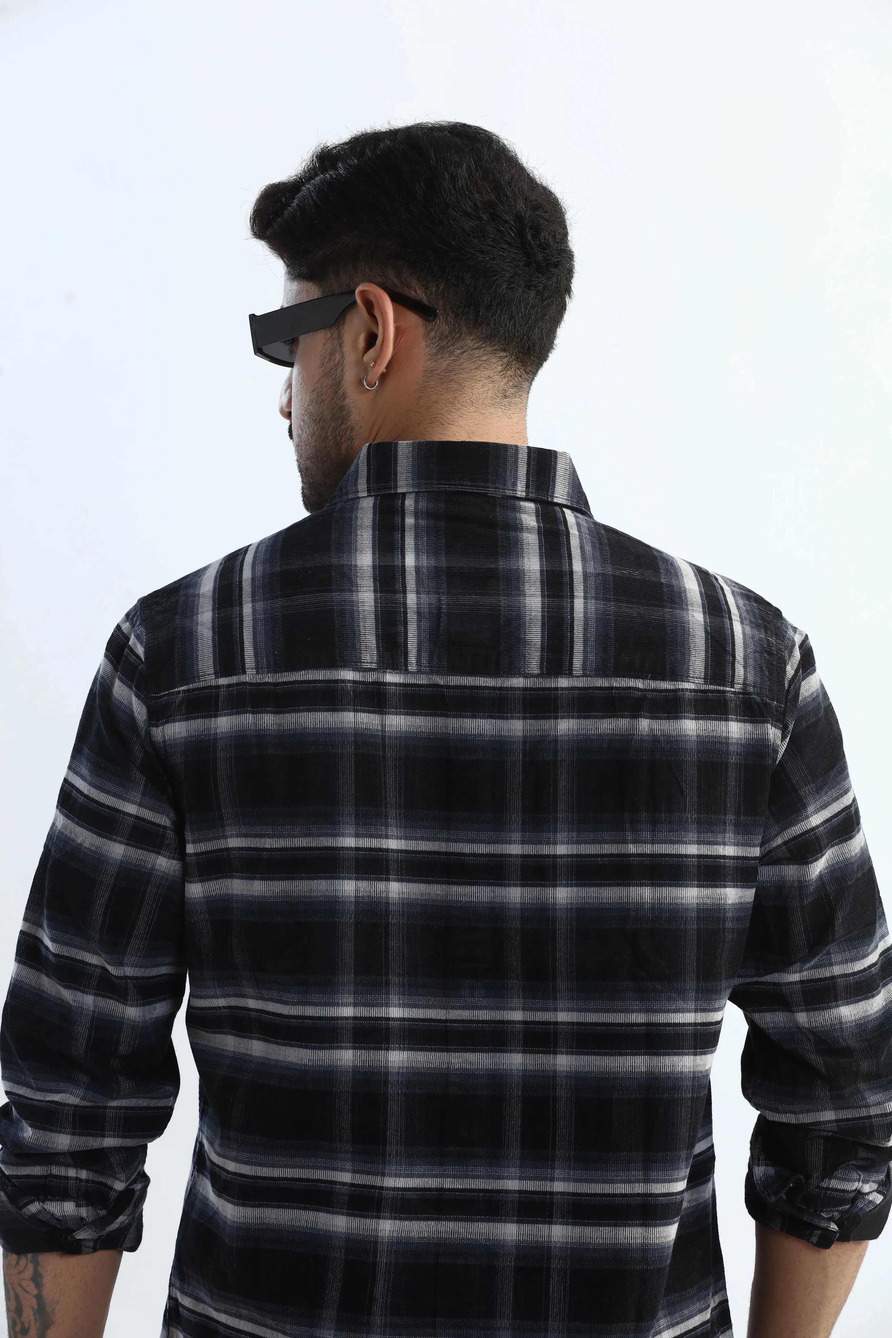 Xkind Black Fine Corduroy Checks Regular Fit Shirt | Grocsy
