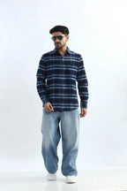 Xkind Men's Navy Blue Fine Corduroy Checks Regular Fit Shirt | Grocsy
