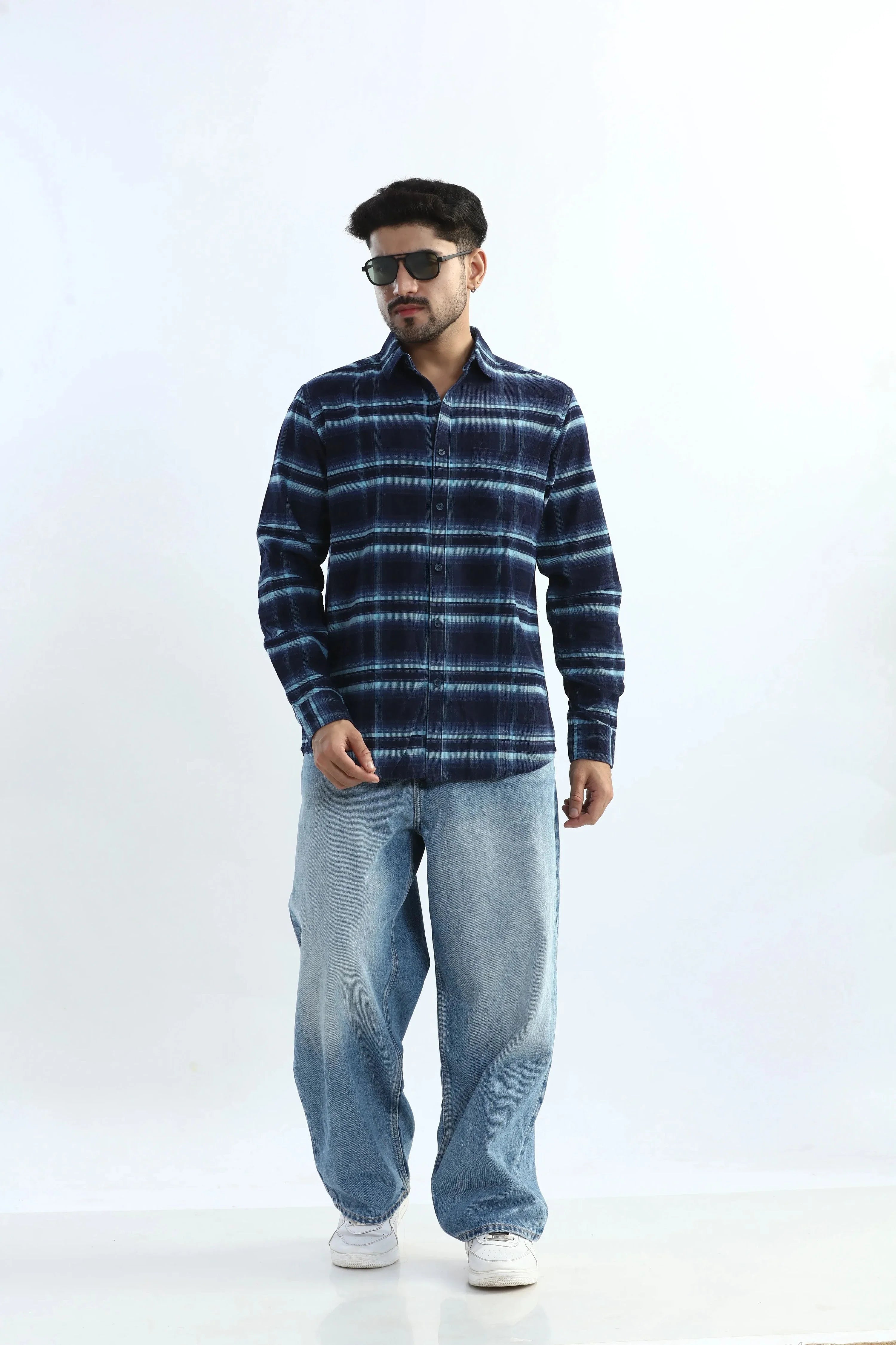 Xkind Men's Navy Blue Fine Corduroy Checks Regular Fit Shirt | Grocsy