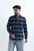 Xkind Men's Navy Blue Fine Corduroy Checks Regular Fit Shirt | Grocsy