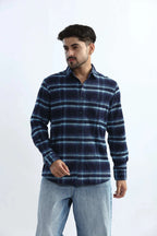 Xkind Men's Navy Blue Fine Corduroy Checks Regular Fit Shirt | Grocsy