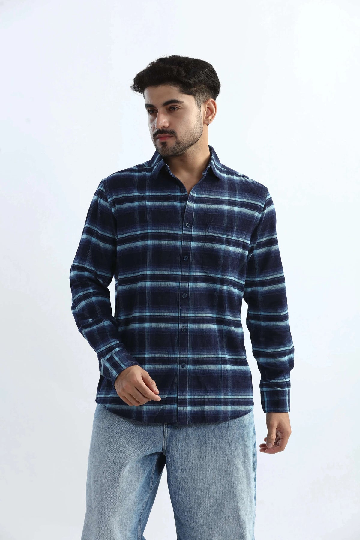 Xkind Men's Navy Blue Fine Corduroy Checks Regular Fit Shirt | Grocsy