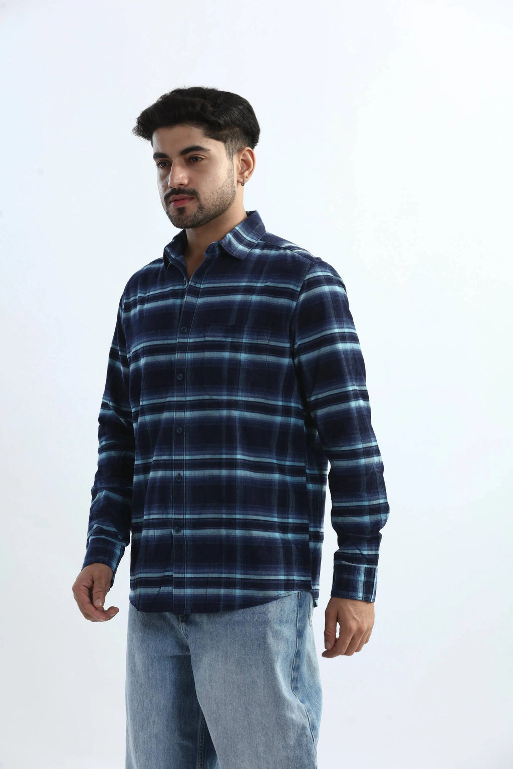 Xkind Men's Navy Blue Fine Corduroy Checks Regular Fit Shirt | Grocsy
