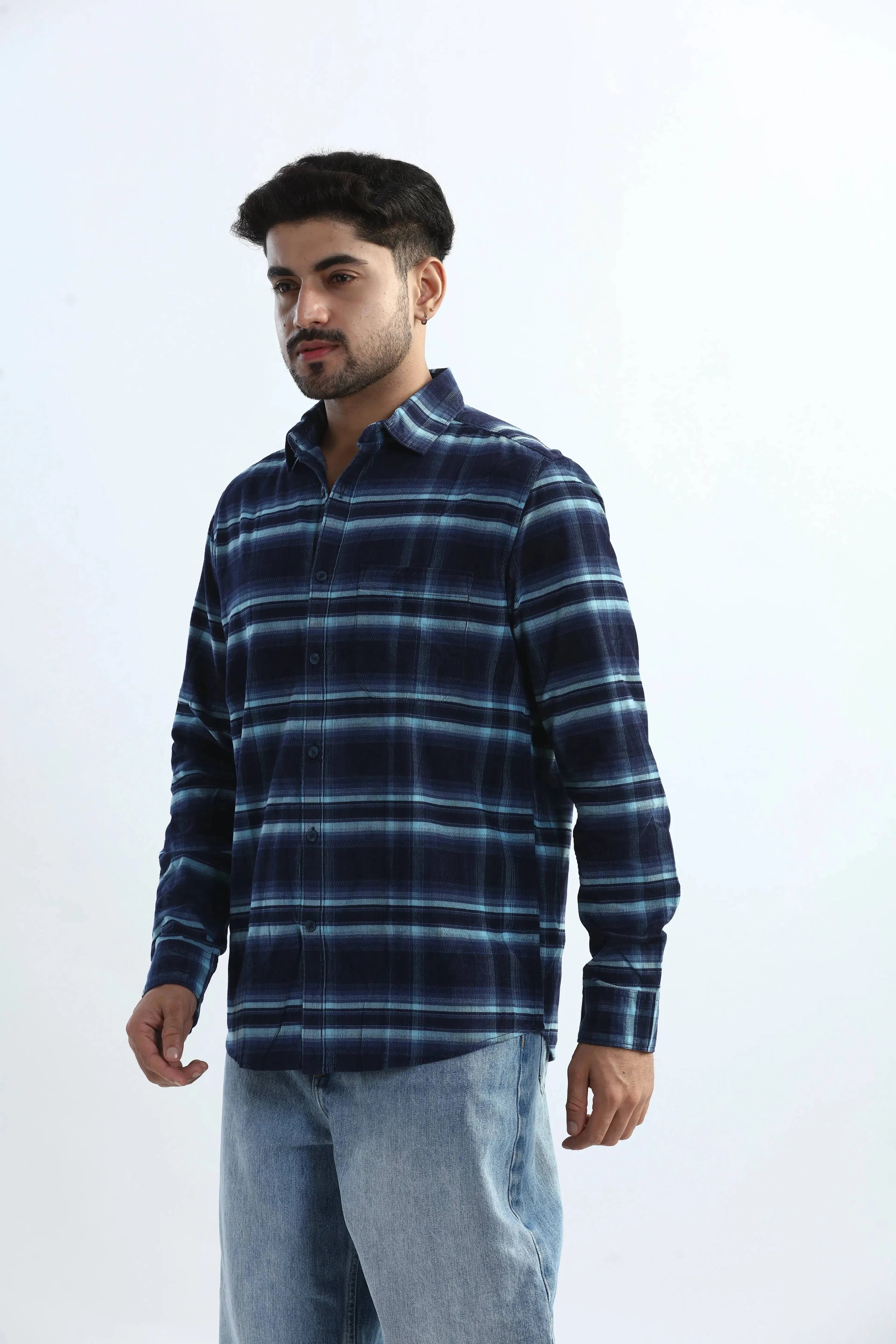Xkind Men's Navy Blue Fine Corduroy Checks Regular Fit Shirt | Grocsy