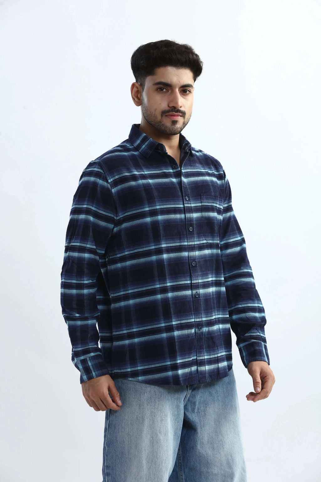 Xkind Men's Navy Blue Fine Corduroy Checks Regular Fit Shirt | Grocsy
