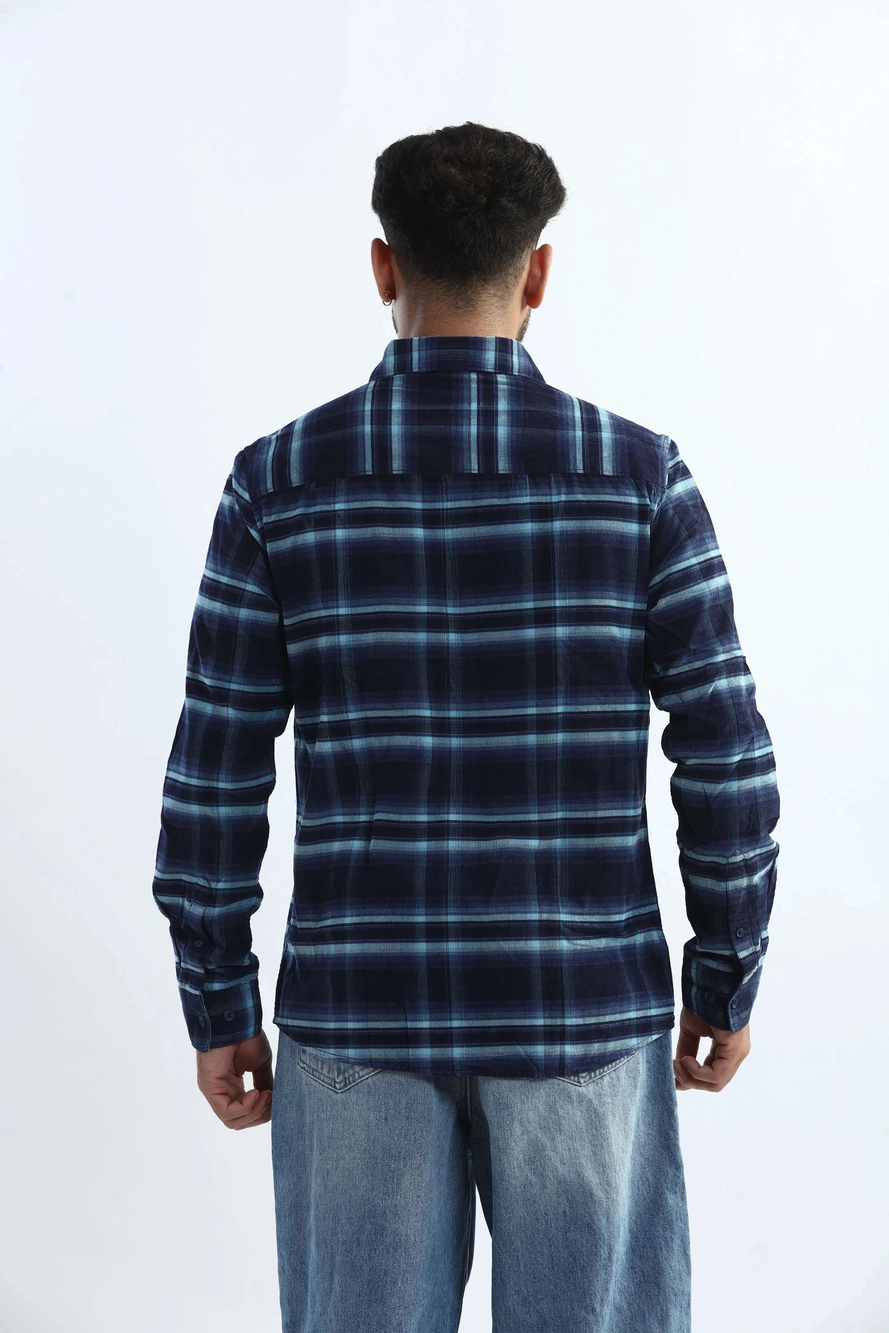 Xkind Men's Navy Blue Fine Corduroy Checks Regular Fit Shirt | Grocsy