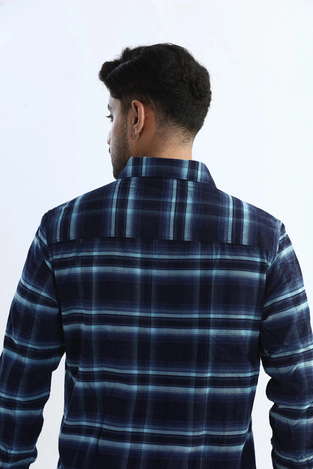Xkind Men's Navy Blue Fine Corduroy Checks Regular Fit Shirt | Grocsy