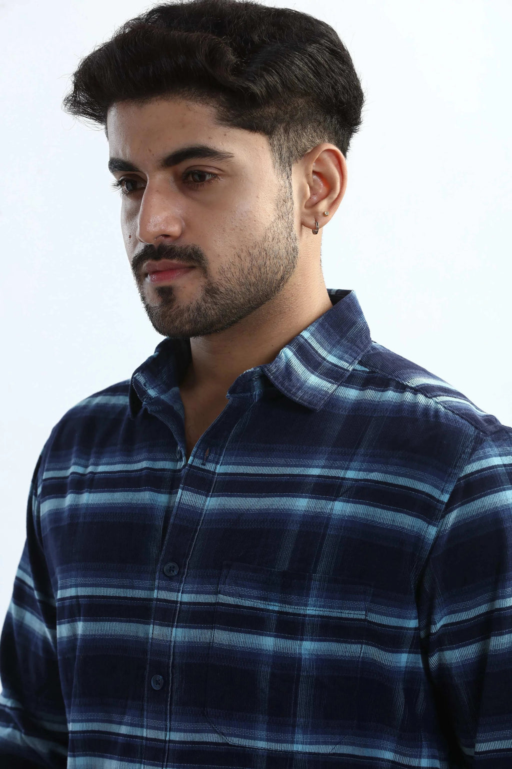 Xkind Men's Navy Blue Fine Corduroy Checks Regular Fit Shirt | Grocsy