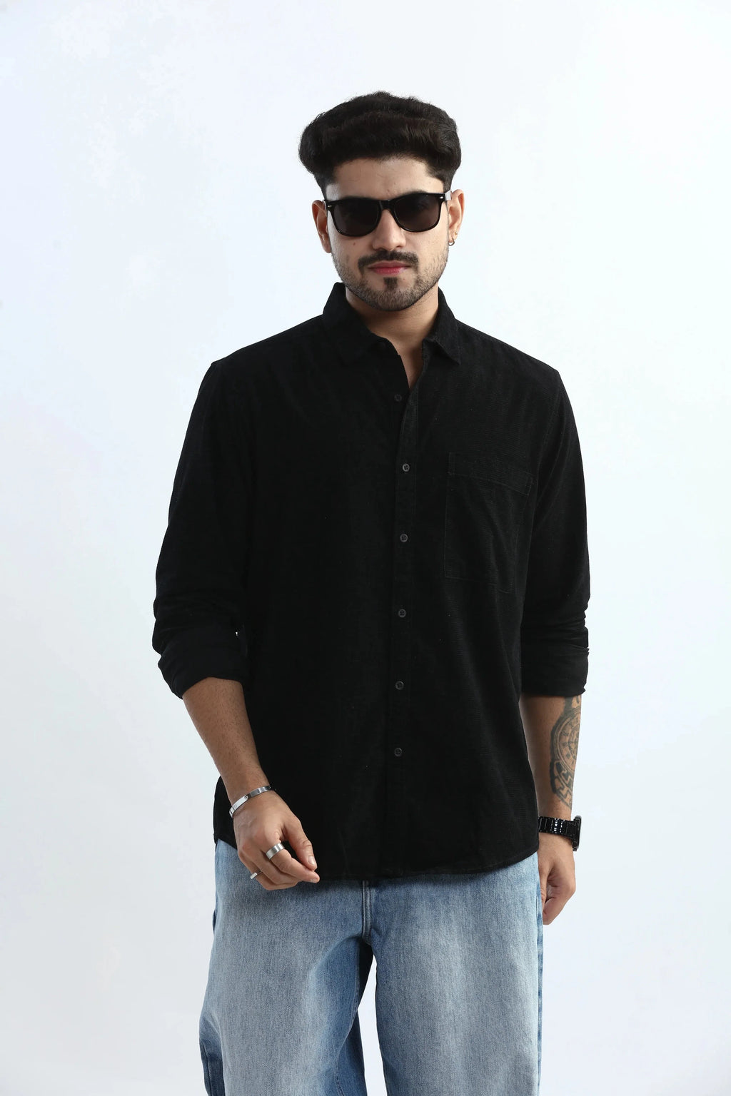 Xkind Men's Black Fine Corduroy Regular Fit Shirt | Grocsy