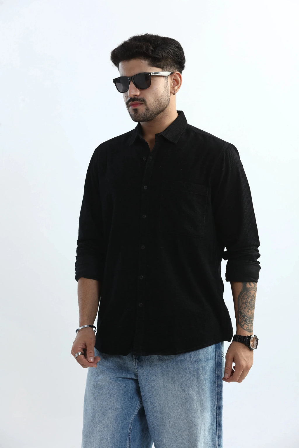 Xkind Men's Black Fine Corduroy Regular Fit Shirt | Grocsy