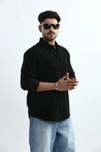 Xkind Men's Black Fine Corduroy Regular Fit Shirt | Grocsy