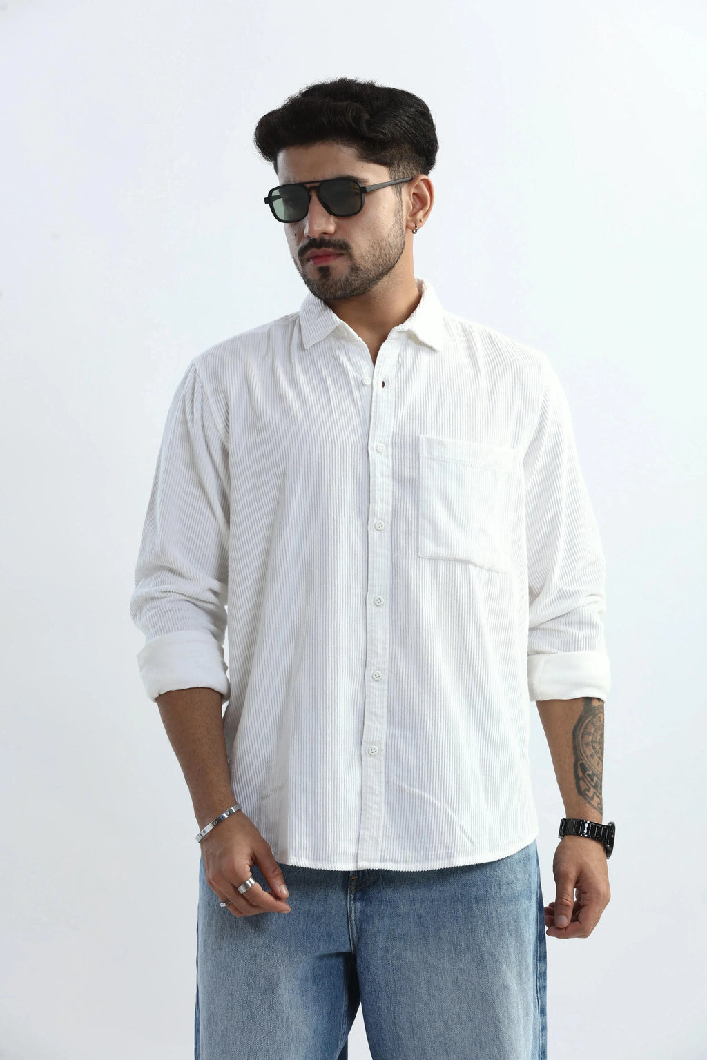 Xkind Men's White Corduroy Regular Fit Shirt | Grocsy
