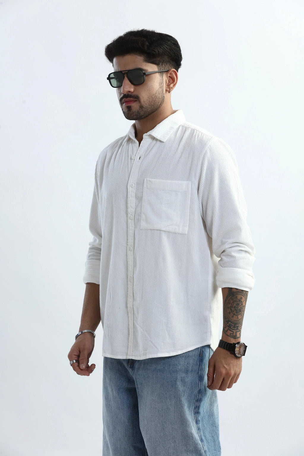 Xkind Men's White Corduroy Regular Fit Shirt | Grocsy