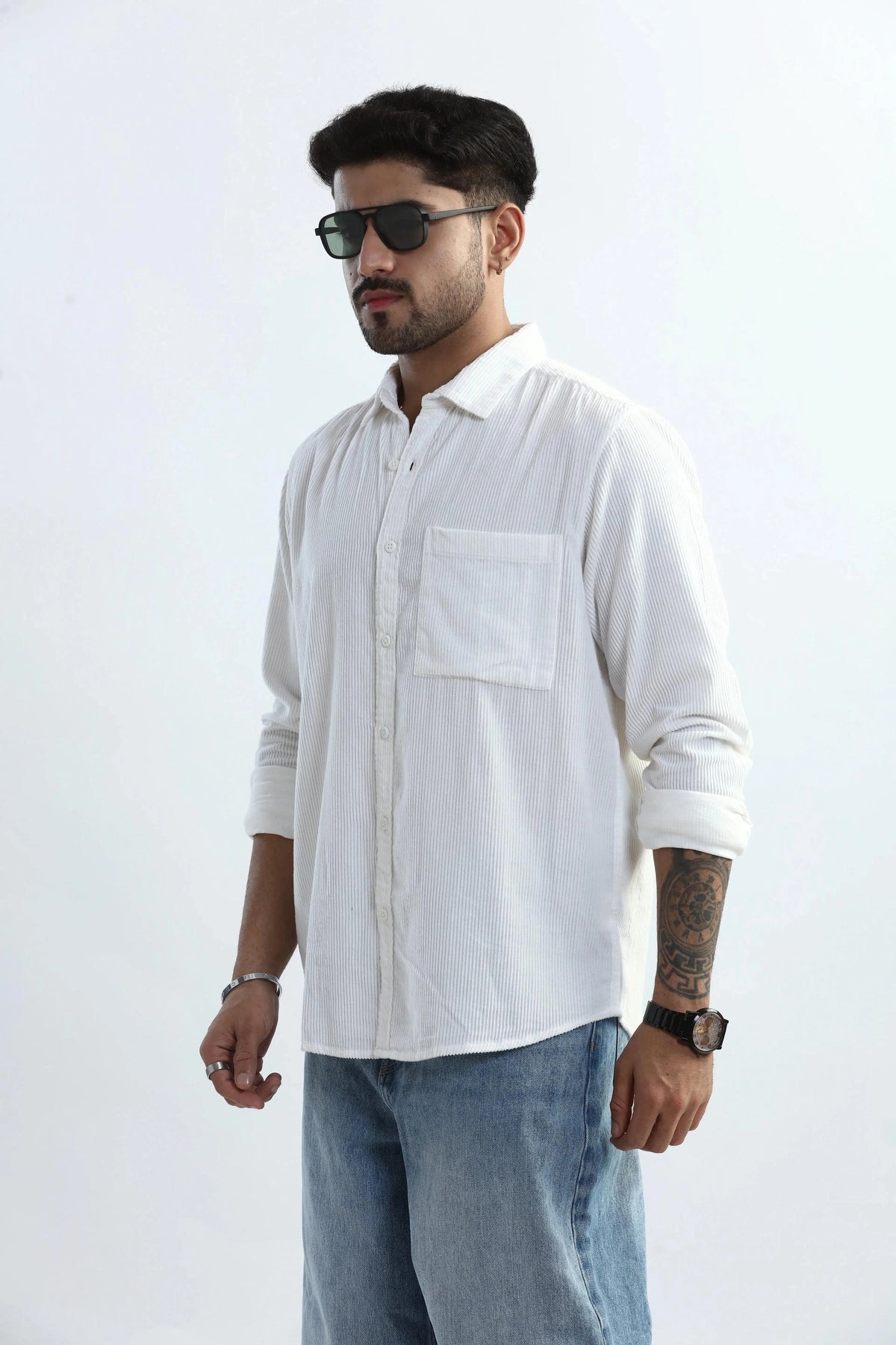 Xkind Men's White Corduroy Regular Fit Shirt | Grocsy