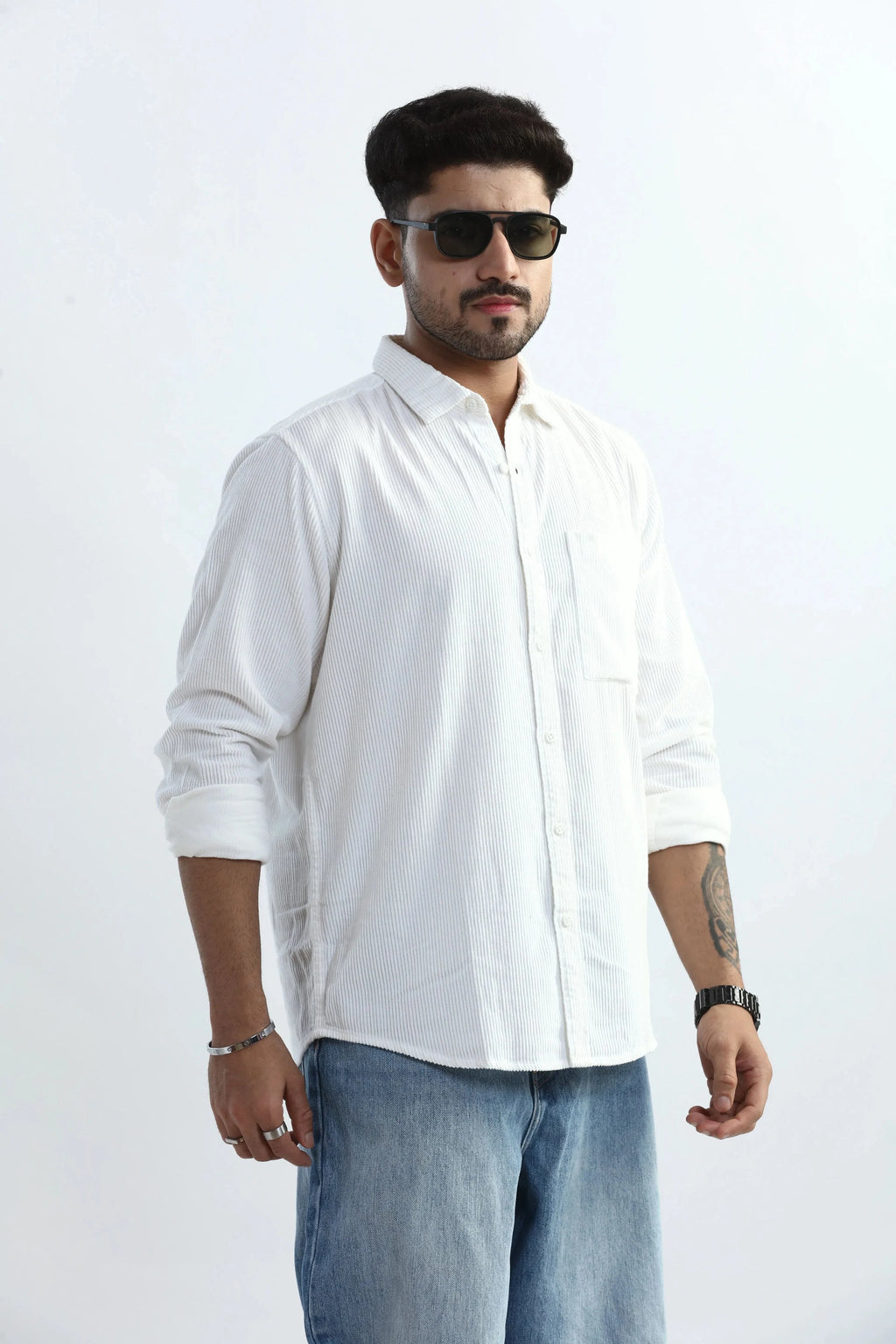 Xkind Men's White Corduroy Regular Fit Shirt | Grocsy