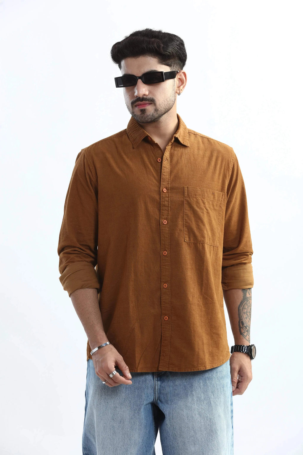 Xkind Men's Mustard Fine Corduroy Regular Fit Shirt | Grocsy
