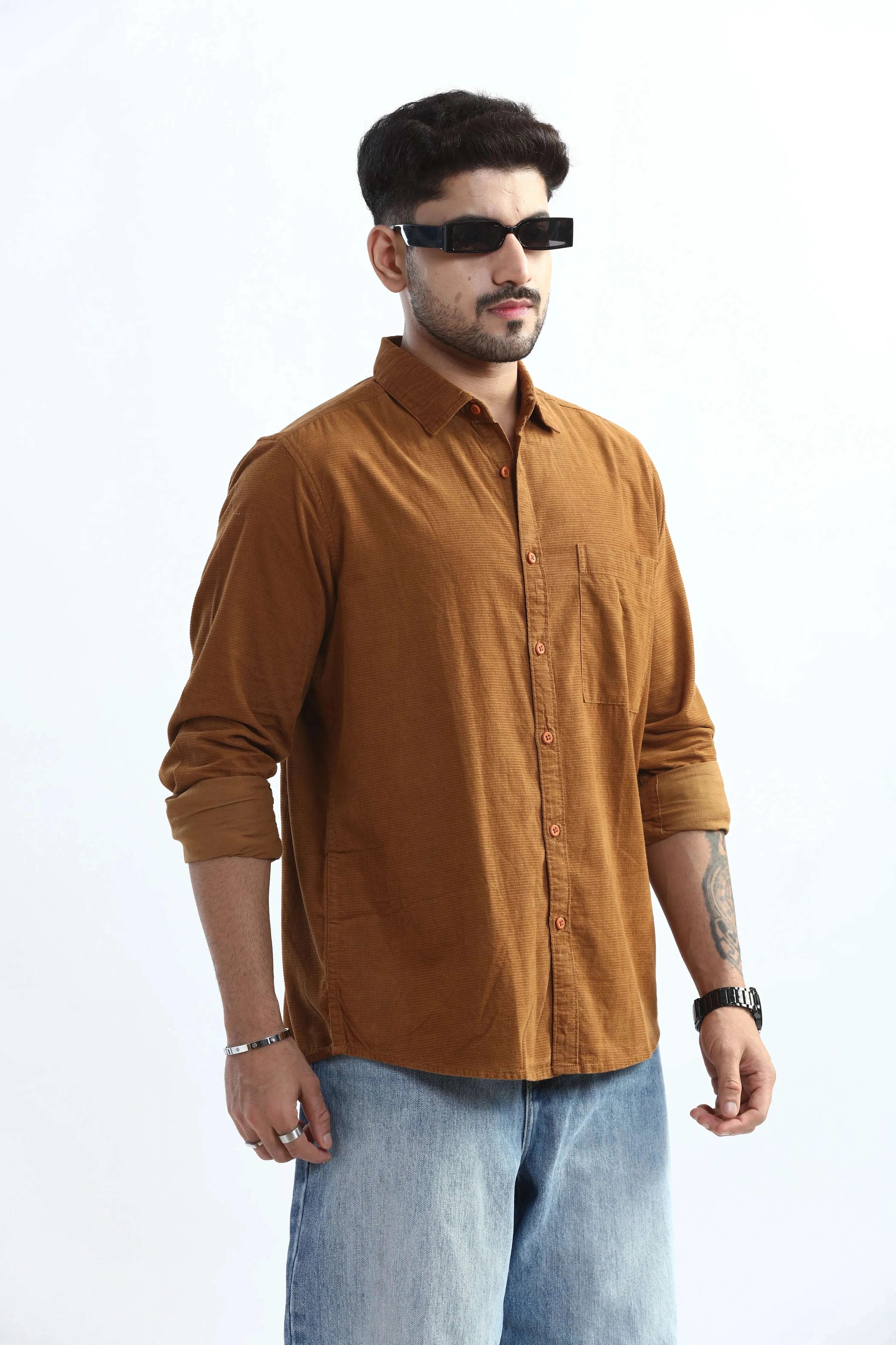 Xkind Men's Mustard Fine Corduroy Regular Fit Shirt | Grocsy