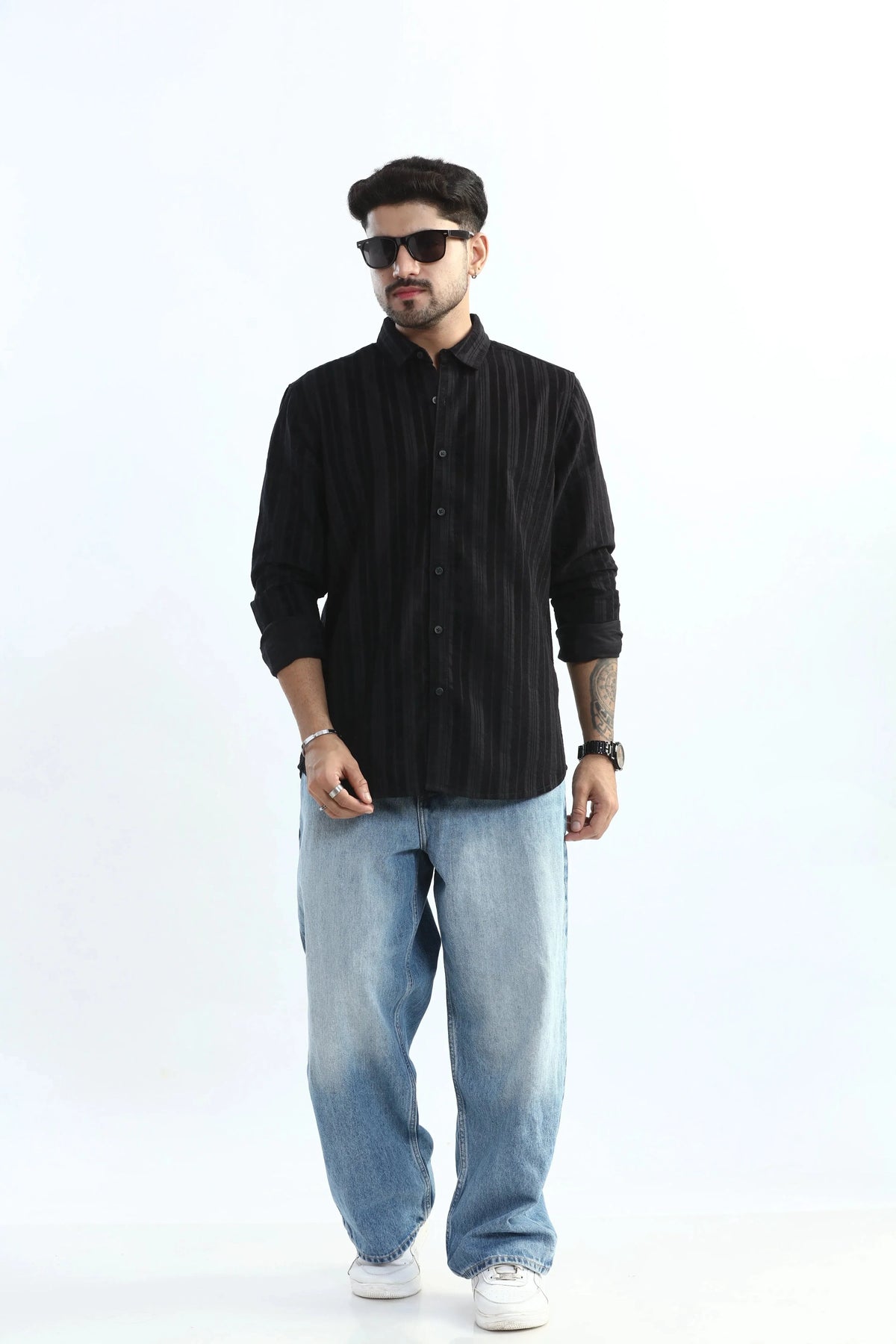 Xkind Men's Black Corduroy Suede Striped Slim Fit Shirt | Grocsy