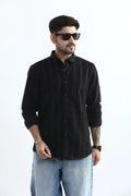 Xkind Men's Black Corduroy Suede Striped Slim Fit Shirt | Grocsy