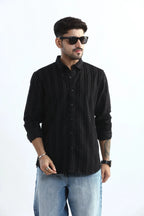 Xkind Men's Black Corduroy Suede Striped Slim Fit Shirt | Grocsy