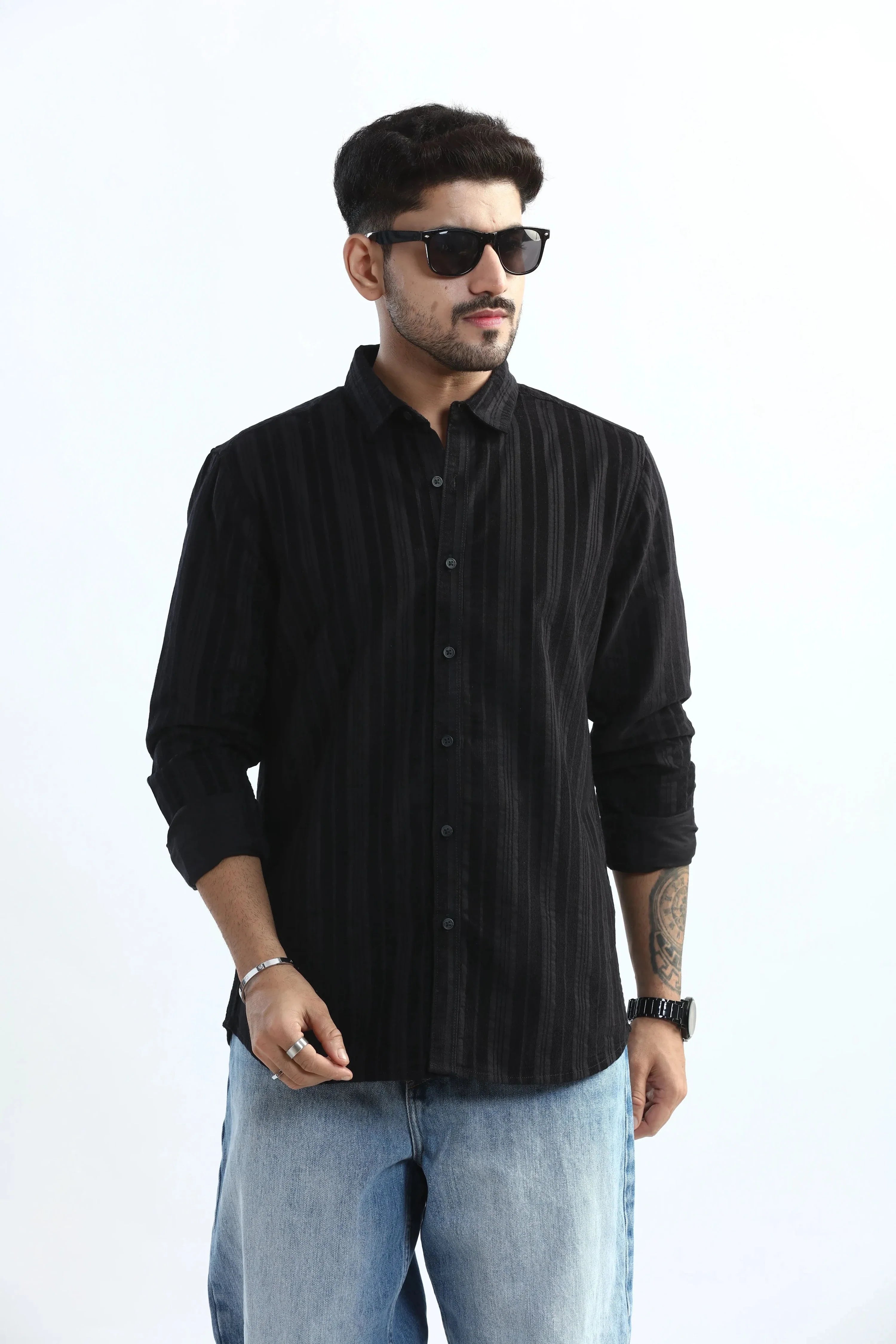 Xkind Men's Black Corduroy Suede Striped Slim Fit Shirt | Grocsy