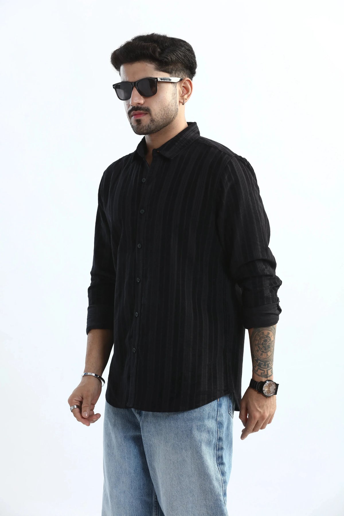 Xkind Men's Black Corduroy Suede Striped Slim Fit Shirt | Grocsy